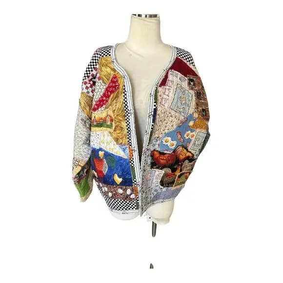 Vintage checkered oversized Cottagecore  Farm themed patchwork quilt coat L/XL - Picture 4 of 10